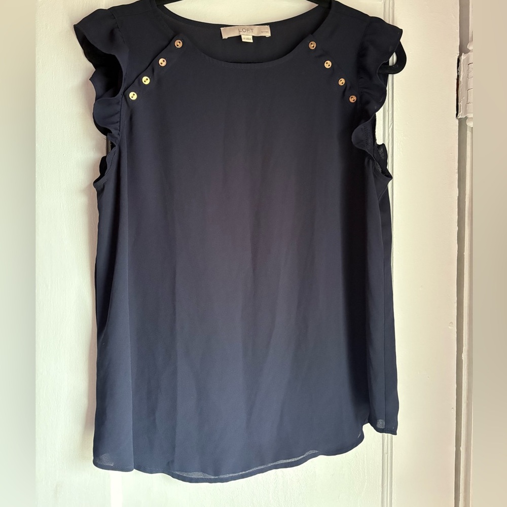 LOFT Navy Ruffle Blouse with Gold Studs Size LP